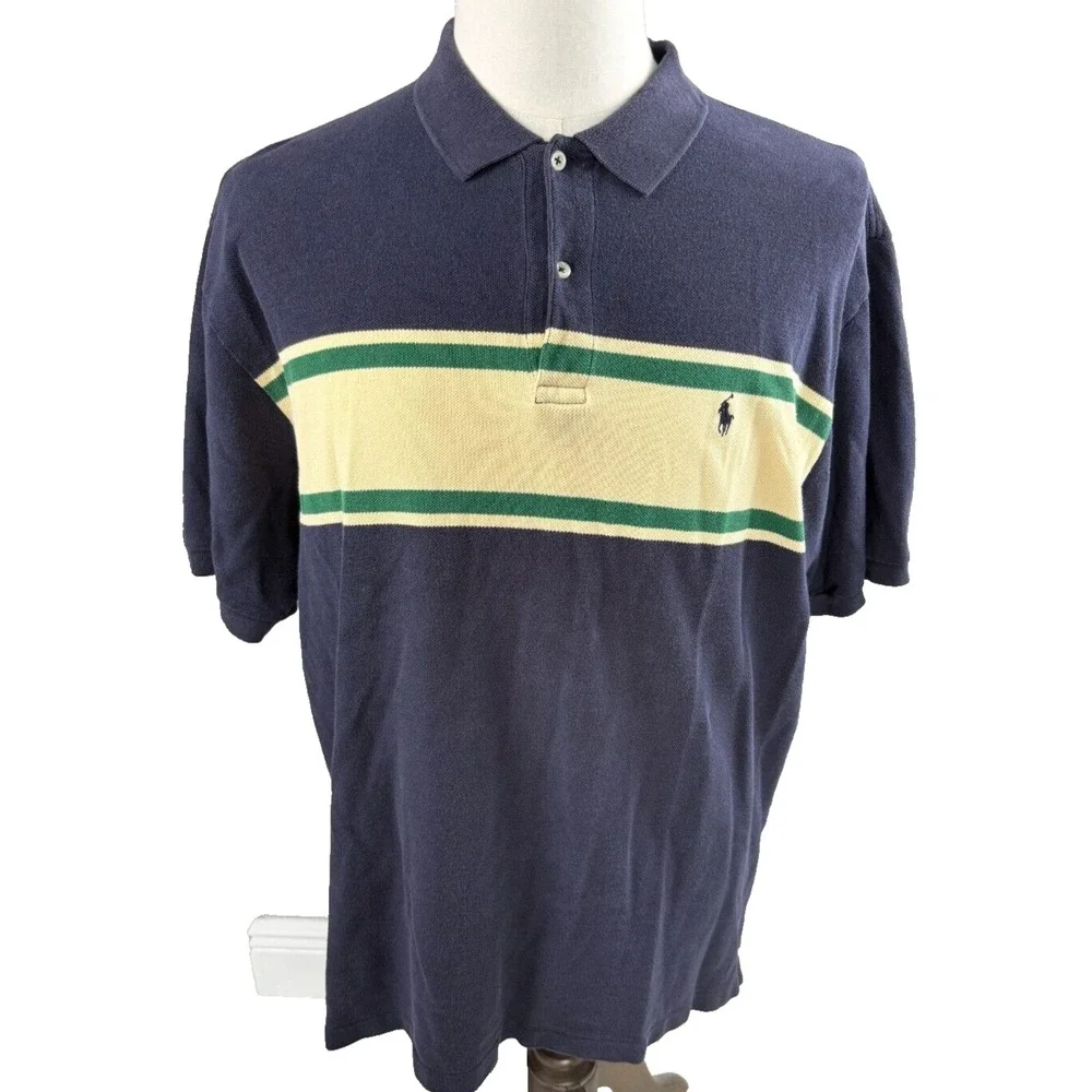 Polo Ralph Lauren Navy Blue Striped Short Sleeve‎ Polo Shirt Mens XL